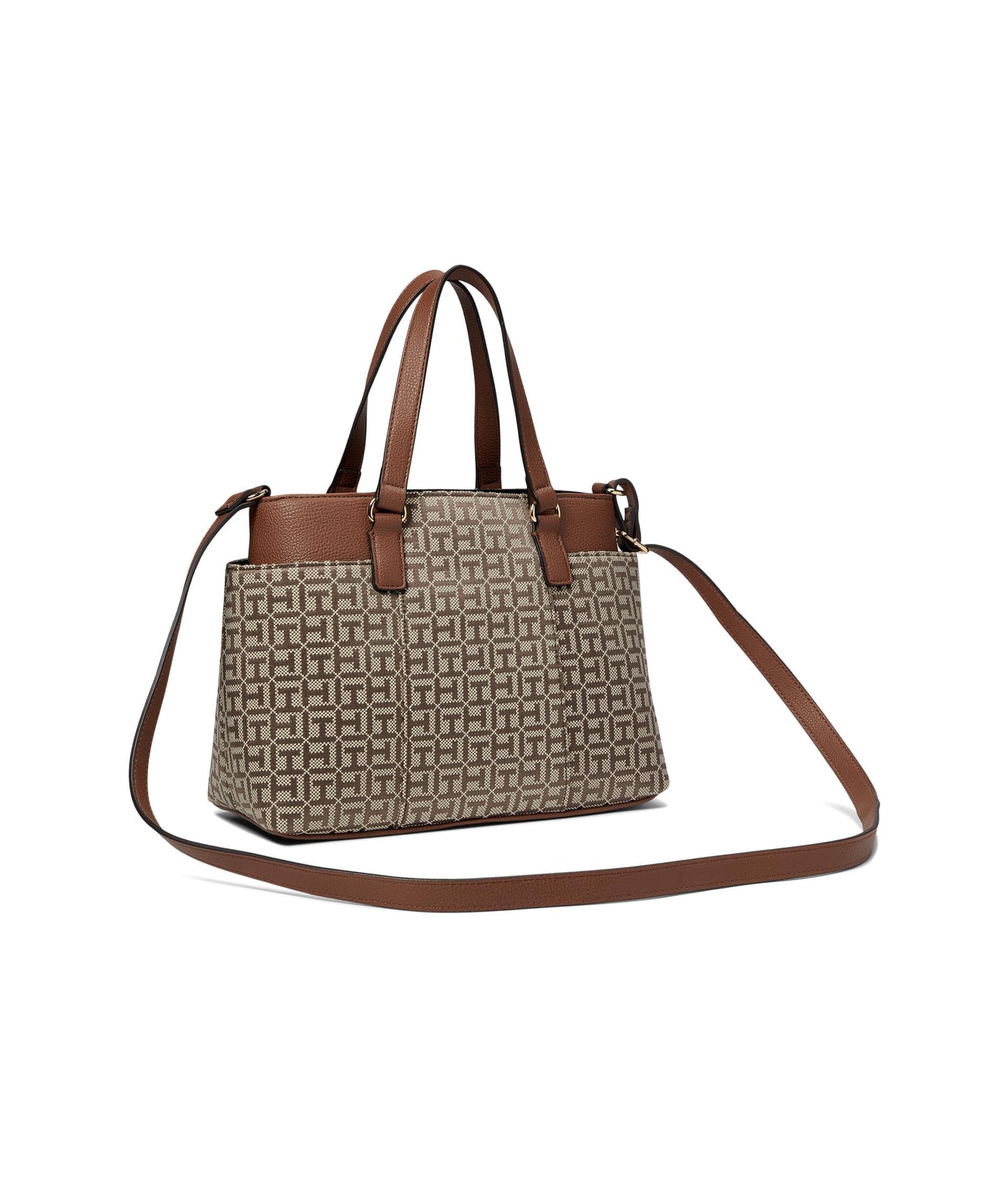 Tommy Hilfiger Evelyn II Convertible Satchel-Square Monogram Jacquard Tan/Dark Chocolate One Size