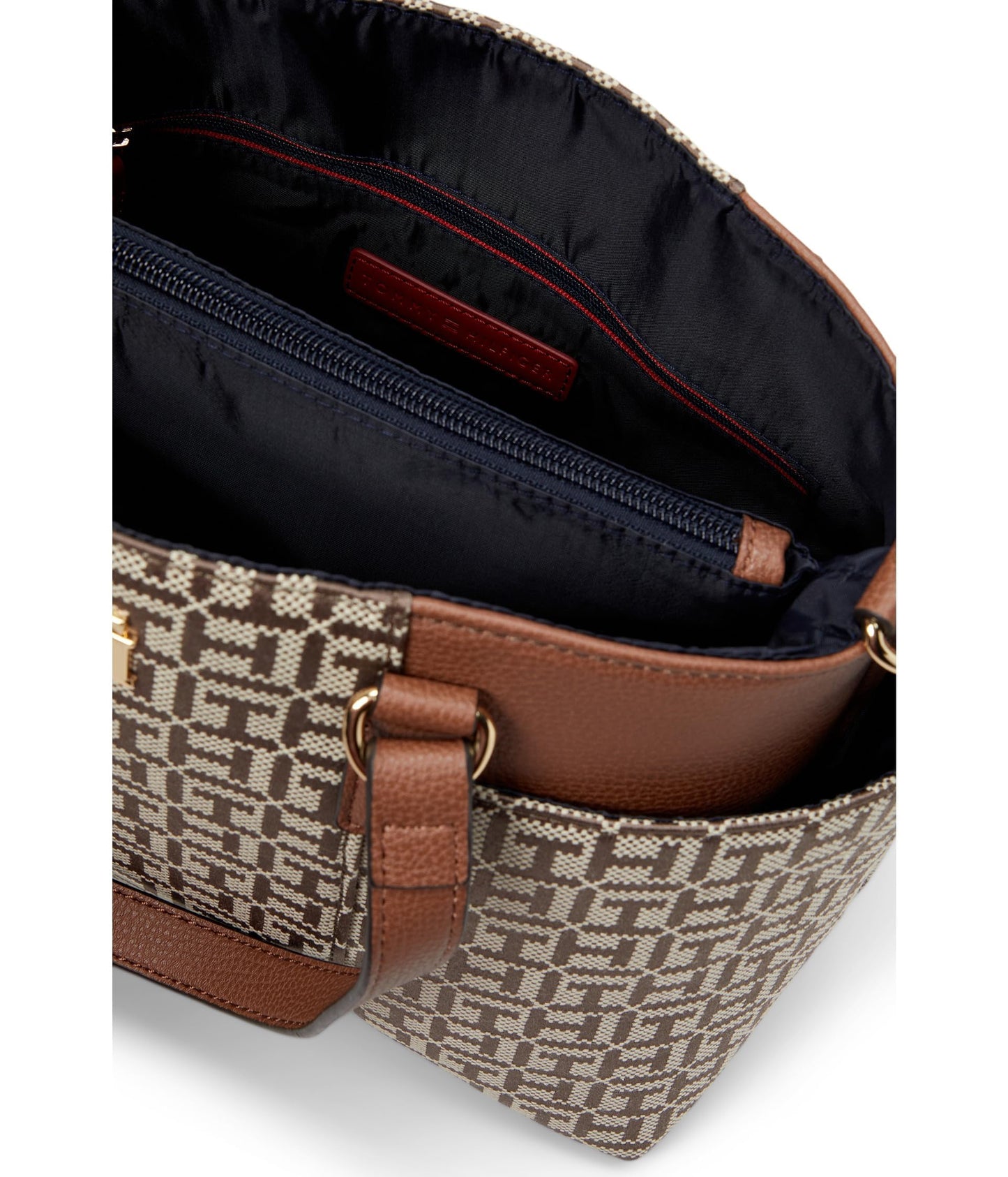 Tommy Hilfiger Evelyn II Convertible Satchel-Square Monogram Jacquard Tan/Dark Chocolate One Size