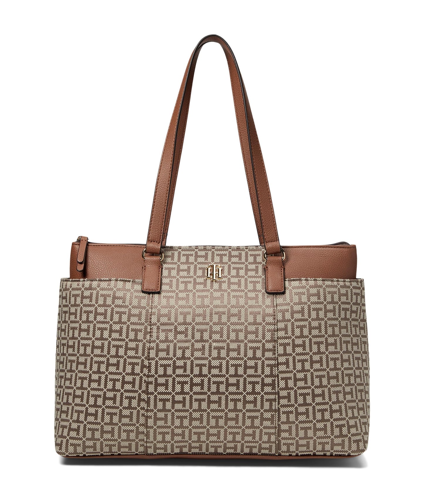 Tommy Hilfiger Evelyn II Tote-Square Monogram Jacquard Tan/Dark Chocolate One Size