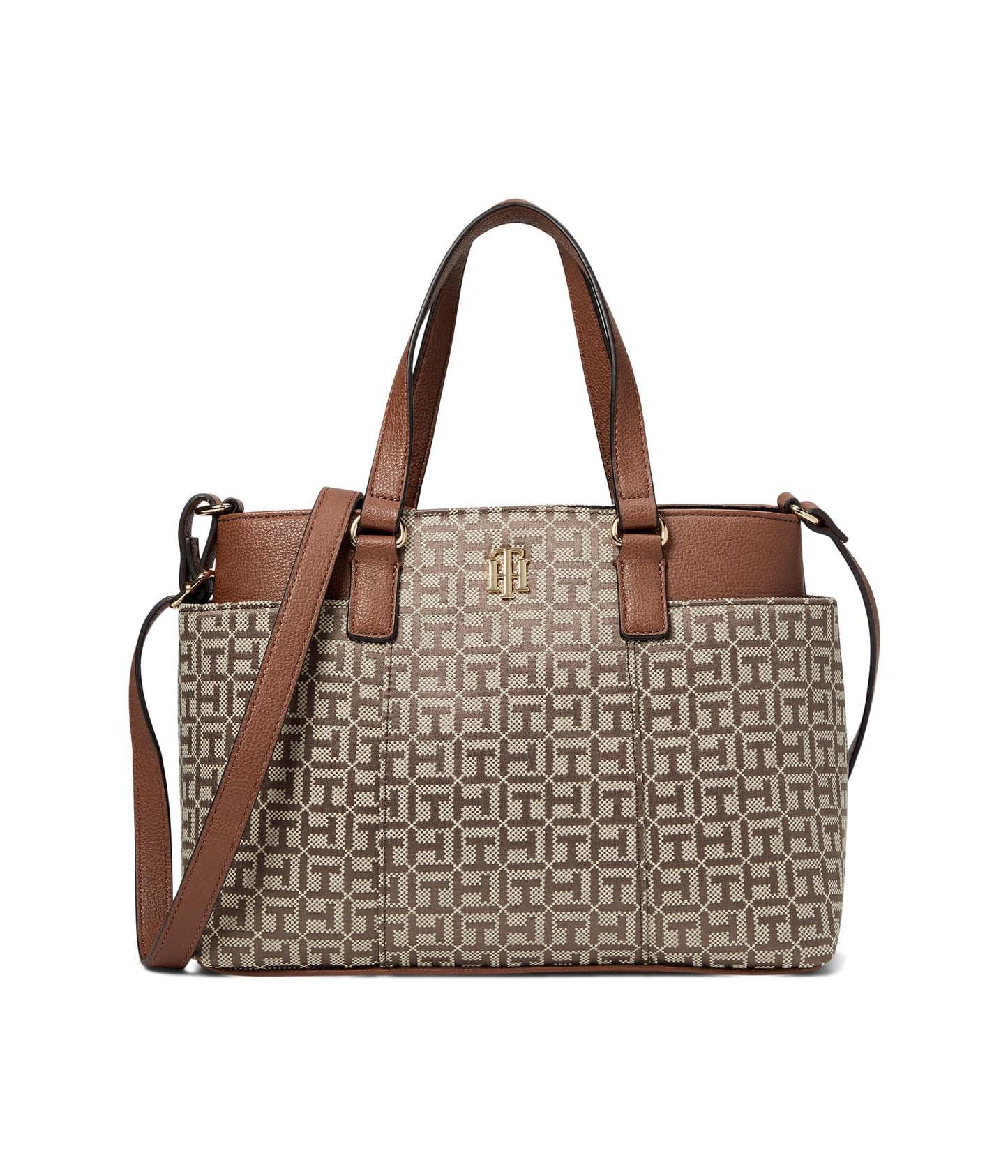 Tommy Hilfiger Evelyn II Convertible Satchel-Square Monogram Jacquard Tan/Dark Chocolate One Size