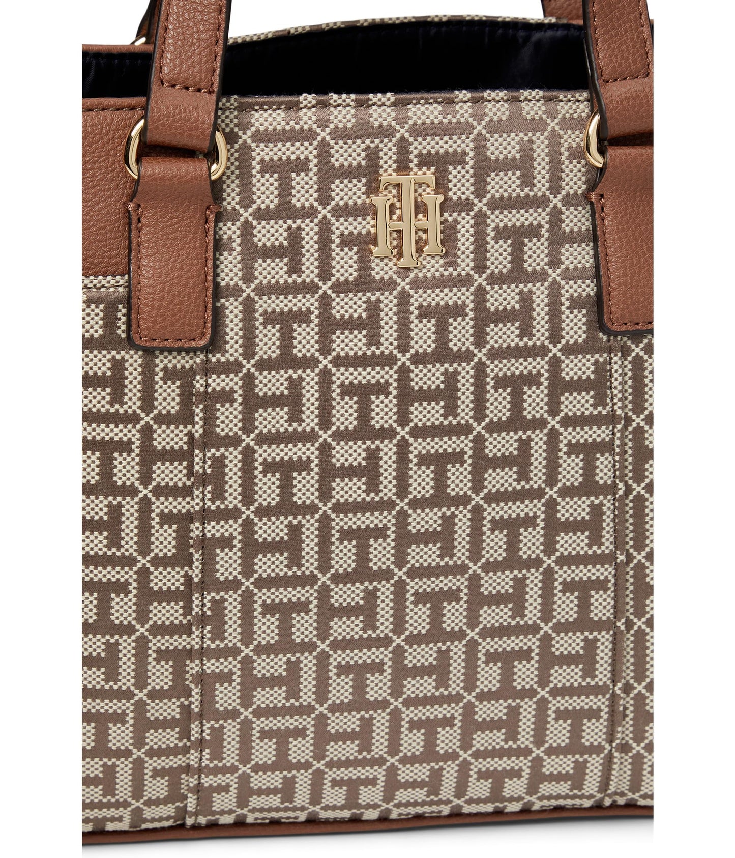 Tommy Hilfiger Evelyn II Convertible Satchel-Square Monogram Jacquard Tan/Dark Chocolate One Size